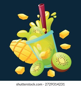 Batido de frutas. Batido de kiwi, mango y aguacate. Menú de bebidas frescas, jugos para una vida saludable. Bebida refrescante, saludable, deliciosa y jugosa. Ilustración para un anuncio de restaurante.
