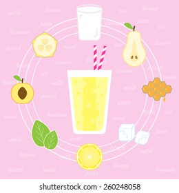 Fruit smoothie. Menu element for cafe or restaurant with energetic fresh drink made in flat style. Fresh juice for healthy life. Organic raw shake. 