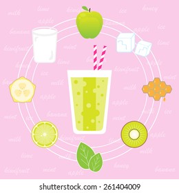 Fruit smoothie. Menu element for cafe or restaurant with energetic fresh drink made in flat style. Fresh juice for healthy life. Organic raw shake. 