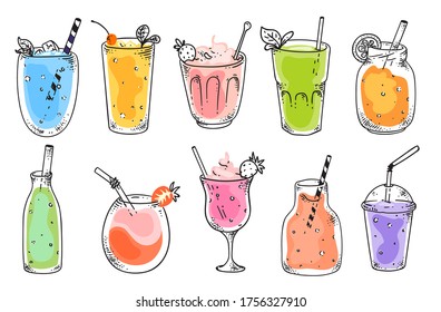 Fruit smoothie. Natural vegetarian fruit cocktail refreshments in glasses. Isolated vitamin drink for diet nutrition. Smoothie beverages in cups with straws, strawberries sketch vector illustration