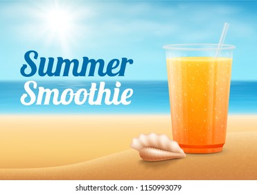 Fruit smoothie on summer beach.