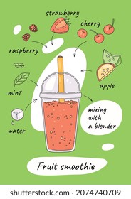 Fruit smoothie recipe, hand drawn doodle poster - vector illustration isolated on white background. Raw juice ingredients, apple, mint and strawberry with cherry. Drinking plastic glass with straw.