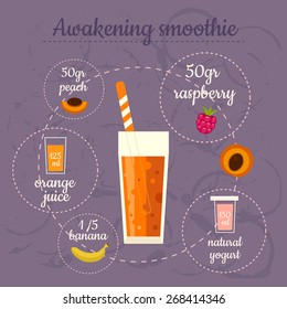 Fruit smoothie recipe. Menu element for cafe or restaurant with energetic fresh drink. Fresh juice for healthy life.