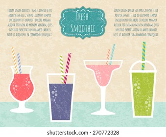 Fruit smoothie set. Healthy life concept. Fresh juice made in flat style. Organic raw shake. Vector illustration.