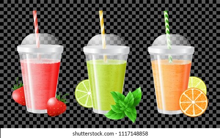 Fruit smoothie  strawberry, lime and mint, orange and lemon. Smoothies in transparent cups with  dome and colorful straws. Fresh fruit juice for  healthy diet. Isolated on black and grey background. 