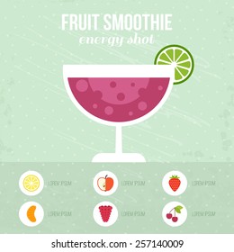 Fruit smoothie vector concept. Menu element for cafe or restaurant with energetic fresh drink made in flat style. Fresh juice for healthy life. Organic raw shake. 