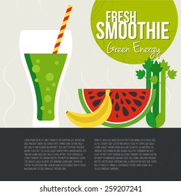 Fruit smoothie vector concept. Menu element for cafe or restaurant with energetic fresh drink made in flat style. Fresh juice for healthy life. Organic raw shake. 