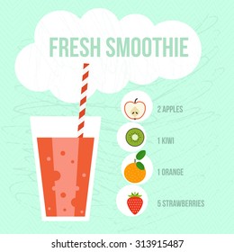 Fruit smoothie vector concept. Menu element for cafe or restaurant with energetic fresh drink made in flat style. Fresh juice for healthy life. Organic raw shake. 