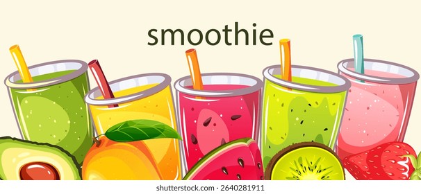 Fruit smoothies. Background with summer, refreshing drinks. Vector illustration.