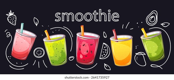 Fruit smoothies. Background with summer, refreshing drinks. Vector illustration.