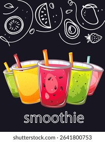 Fruit smoothies. Background with summer, refreshing drinks. Vector illustration.