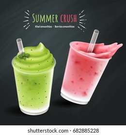 Fruit smoothies mockup, kiwi and berries smoothie cup isolated on chalk board background in 3d illustration