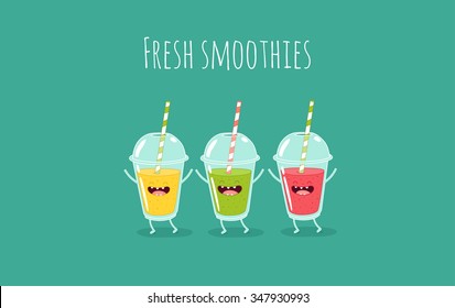 Fruit smoothies in plastic cups. Vector illustration. Use for card, poster, banner, web design and print on t-shirt. Easy to edit.