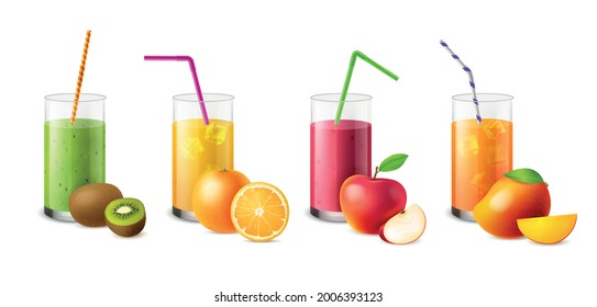 Fruit smoothies. Realistic glasses with juices and beverages, tropical fresh healthy drinks, diet and detox nutrition. Kiwi and orange, apple and mango cocktails and milkshakes vector set