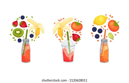 Fruit smoothies set. Persimmon, banana, kiwi, strawberry, blueberry, lemon falling into glass bottle. Detox drink, healthy eating concept vector illustration