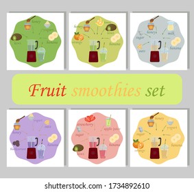 Fruit smoothies set. Recipe. Vector illustration