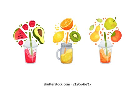 Se preparan suavizamientos de fruta. sandía, limón, aguacate, limón, naranja, persimón cayendo en una botella de vidrio. Bebida de descomposición, ilustración vectorial del concepto de alimentación saludable