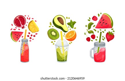Fruit smoothies set. Watermelon, pomegranate, pineapple, avocado, kiwi, orange falling into glass bottle. Detox drink, healthy eating concept vector illustration