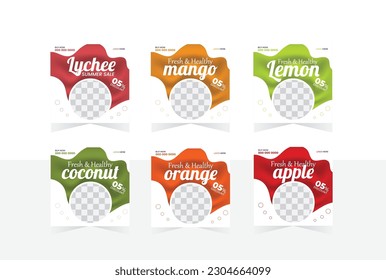Fruit social media post design. Lychee, mango, lemon, coconut, orange, apple fruit social media post template design.