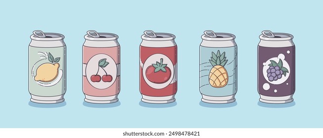 Conjunto de latas de refresco de frutas aisladas sobre fondo. Ilustración de dibujos animados de Vector contemporáneo de limón, cereza, tomate, piña, bebidas de jugo de uva, bebidas carbonatadas en contenedores de metal, menú de barra de verano