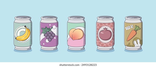 Fruit soda drink can. Carbonated juice bottle for summer. Sweet sugar cocktail with berry, peach and grape flavor isolated artwork set. Delicious japanese fizzy product. Sparkling asian beverage
