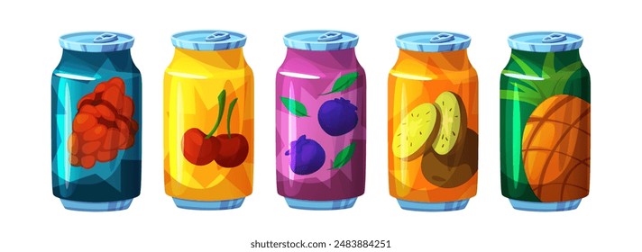 Fruit soda drink cans set isolated on white background. Vector cartoon illustration of raspberry, cherry, blueberry, kiwi, pineapple juice, carbonated beverages in metal containers, summer menu icons