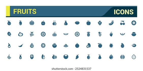 Fruit solid icons set. Glyph icon collection for web and ui. Filled icon pack, Fruits icon set. Vector illustration.