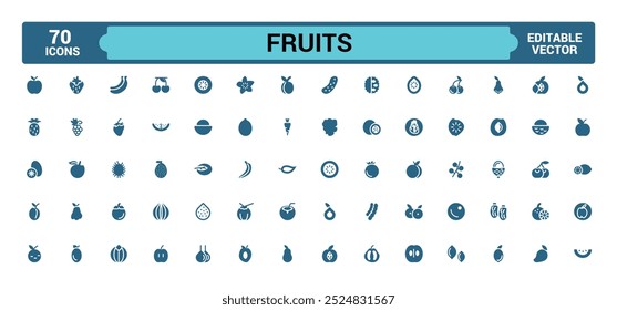 Fruit solid icons set. Glyph icon collection for web and ui. Filled icon pack, Fruits icon set. Vector illustration.