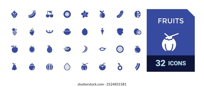 Fruit solid icons set. Glyph icon collection for web and ui. Filled icon pack, Fruits icon set. Vector illustration.