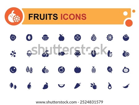 Fruit solid icons set. Glyph icon collection for web and ui. Filled icon pack, Fruits icon set. Vector illustration.