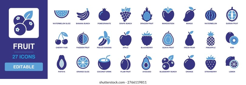 Fruit Solid Vector Glyph Icon Set featuring Watermelon Slice, Banana Bunch, Pineapple, Mango, Orange, Strawberry, and Fresh Apple for Healthy Nutrition and Organic Produce Graphics.