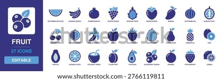 Fruit Solid Vector Glyph Icon Set featuring Watermelon Slice, Banana Bunch, Pineapple, Mango, Orange, Strawberry, and Fresh Apple for Healthy Nutrition and Organic Produce Graphics.