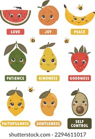 Fruit of the spirit design vector, boho fruits set, baby poster, children design, Christian illustration, bible verse art