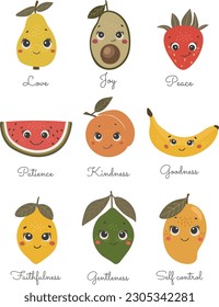 Fruit of the spirit design vector, boho fruits set, baby poster, children design, Christian illustration, bible verse art