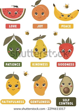 Fruit of the spirit design vector, boho fruits set, baby poster, children design, Christian illustration, bible verse art