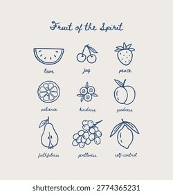 Fruit of the Spirit Elements Collection, Christian Line Symbols Sketch, Religion Hand Drawn Art, Biblical symbols doodle