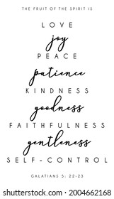 The fruit of the spirit is love, joy, peace, patience, kindness, goodness, faithfulness, and gentleness. Bible verse hand lettering. Christian poster. Scripture banner. Religious quote. Galatians.