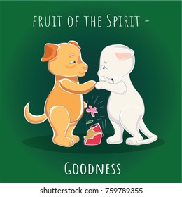 Fruit of the Spirit - Mercy - Goodness.  Vector illustration - cartoon cat asks for forgiveness for the broken pot. Dog forgives for misbehaviour