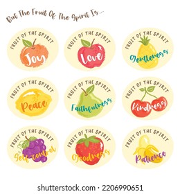 Fruta de los stickers o etiquetas espirituales. Digital Vector presenta ilustraciones con letras.