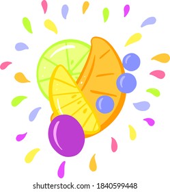 Fruit Splash Slices of Orange, Lime Lemon Grape and Blueberry Simple Illustration
