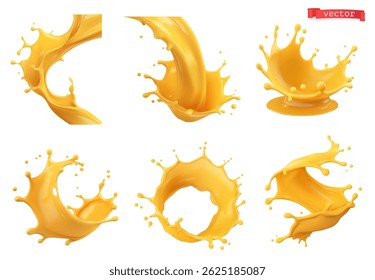 Fruit splashes. Orange juice 3d realistic vector set