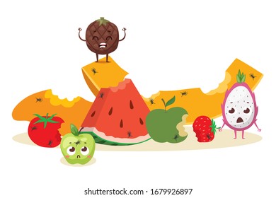 Fruit spoiled by insect, icon watermelon, melon, tomato, berry, dragon fruit, isolated on white, flat vector illustration. Design pest control for poster, web banner and card.