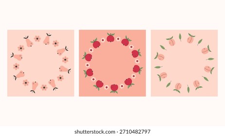 Vorlagensatz Fruit Square Card. Niedlich handgezeichnet Sommer Runde Ränder und Kreis Rahmen Kollektion mit Apple Pear Peach. Vektorgrafik