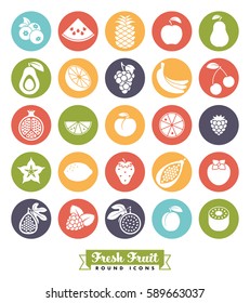 Fruit Square Icon Vector Set. Collection of 25 fruit symbols, negative in colored circles