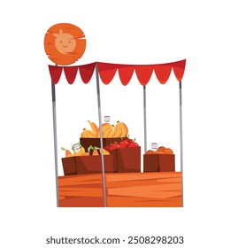 Fruit stall or kiosk market with organic products. Vector outdoors shop selling bananas and apples, oranges or grapefruits and pears from farm. Tasty ingredients for eating