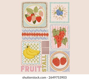 Fruit stall. Fruit market t shirt artwork. Eat more fruit. Fruit club print design. Tropical sweetness artwork.