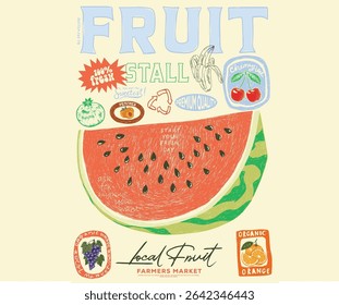 Fruit stall. Sweet watermelon t shirt artwork. Fresh watermelon fruit print. Eat more fruit. Watermelon fruit club print design.