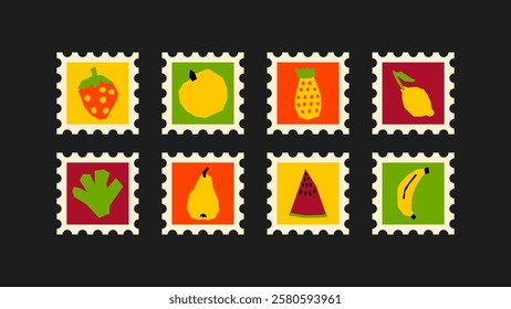 Fruit stamp set – apple, banana, orange, pear, grapes, strawberry, watermelon. Includes postage stamp or poster designs of fresh, vibrant fruits, illustrated in a flat and naive hand-drawn style.