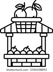 A fruit stand with a basket of fruit on top