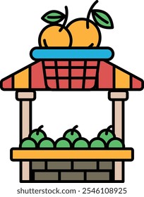 A fruit stand with a basket of fruit on top. The fruit includes apples and oranges. The stand is colorful and inviting